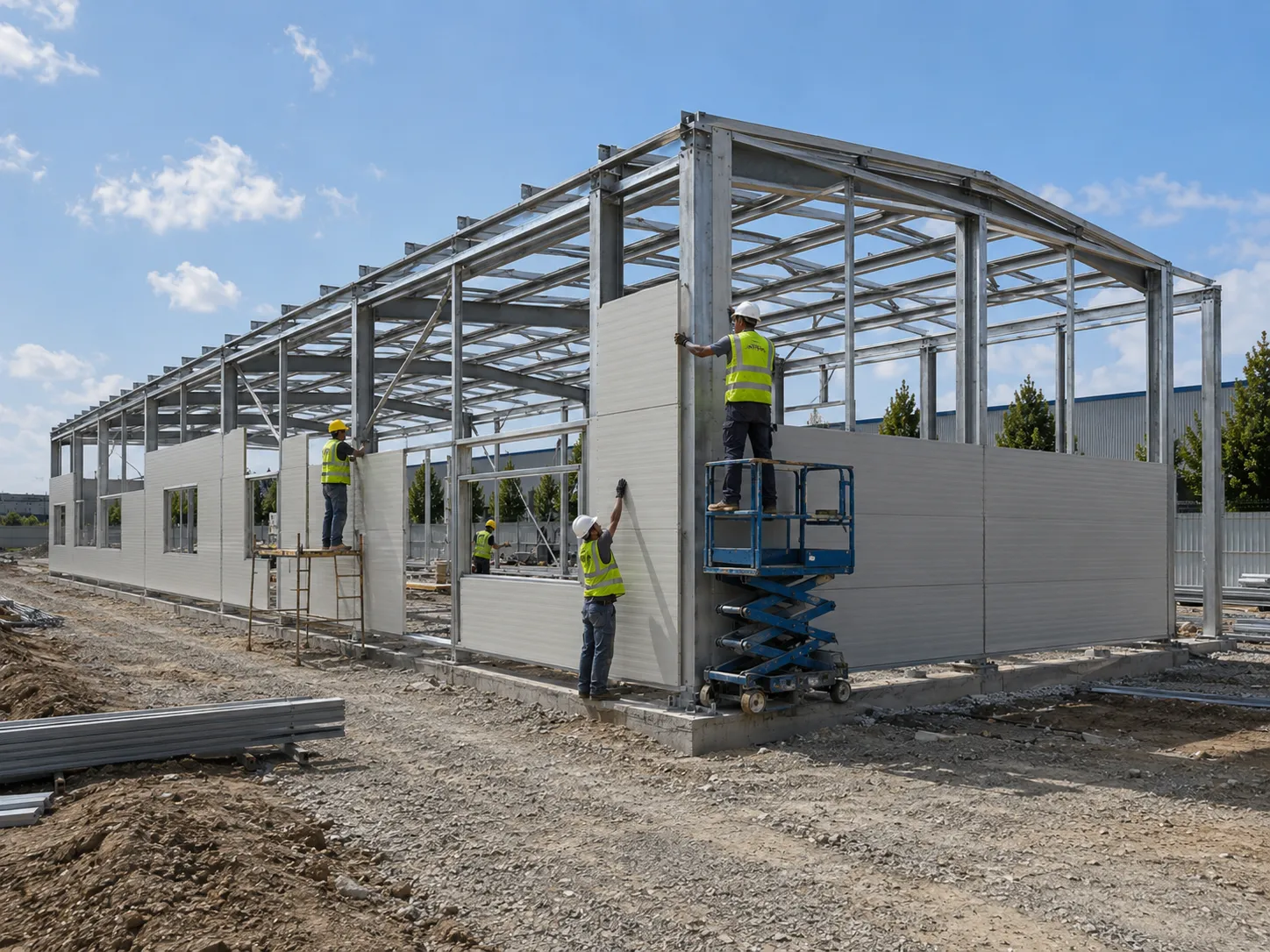 Workers installing prefabricated wall panels on the steel frame during steel structure building construction.