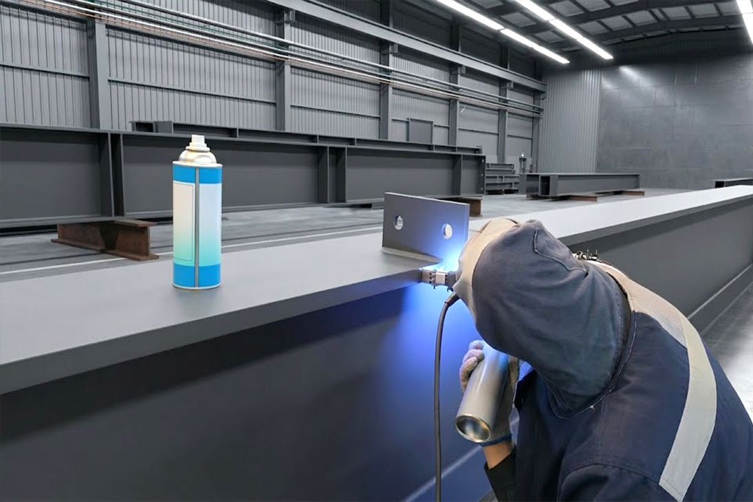 Worker applying gray spray coating to a fabricated steel beam in a warehouse steel structure workshop.