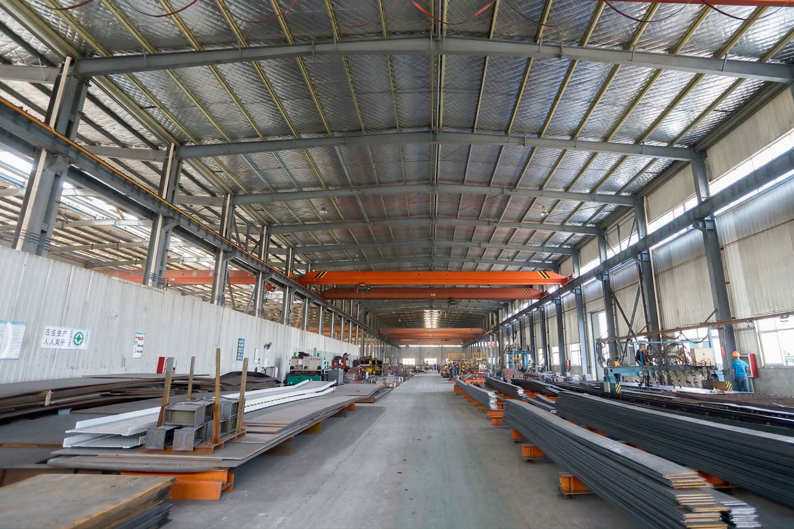 Warehouse steel structure fabrication workshop with steel plates, overhead cranes, cutting equipment, and material storage.