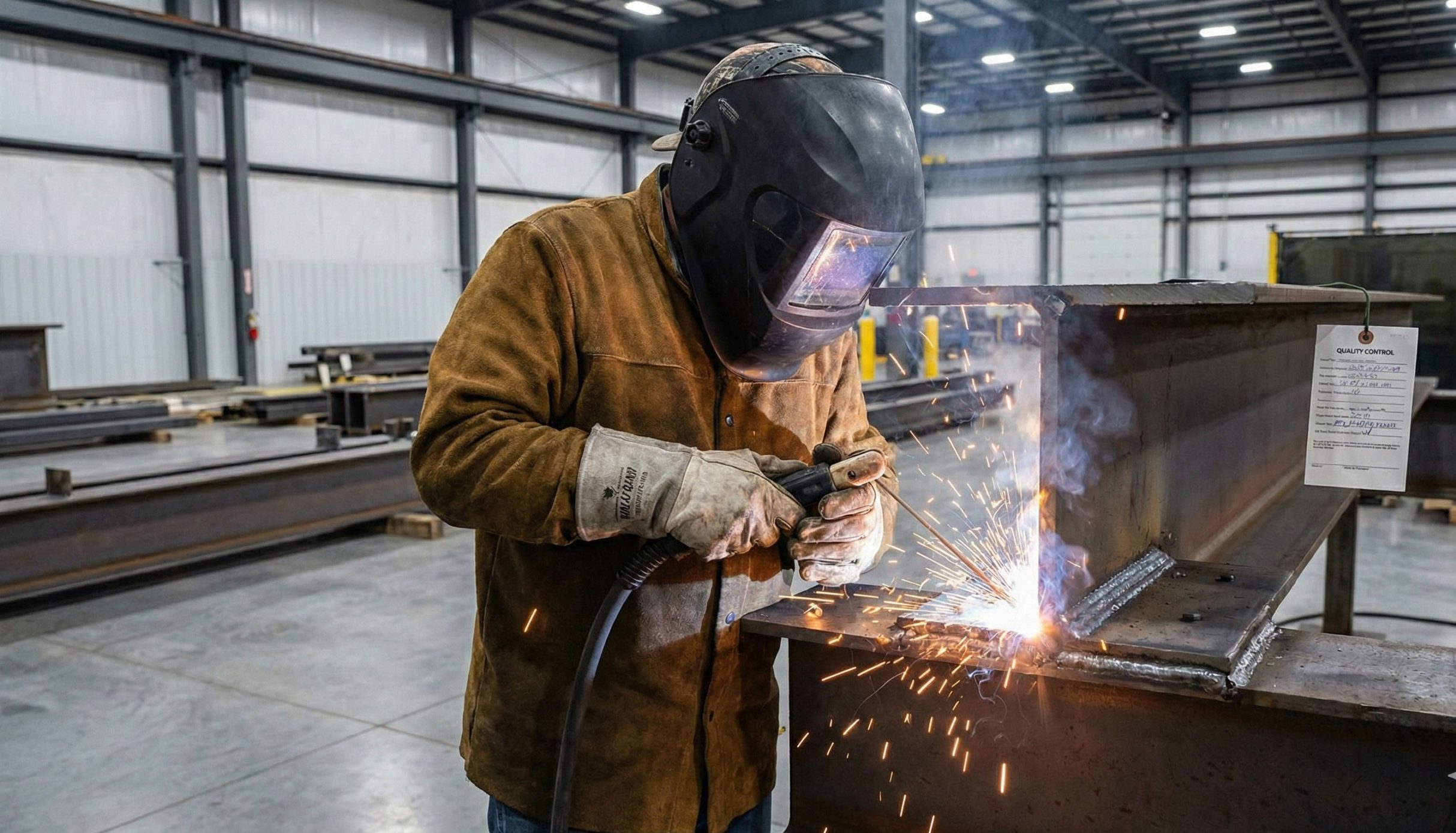 Welder fabricating an H-section steel member for a warehouse frame, with a quality-control tag attached.
