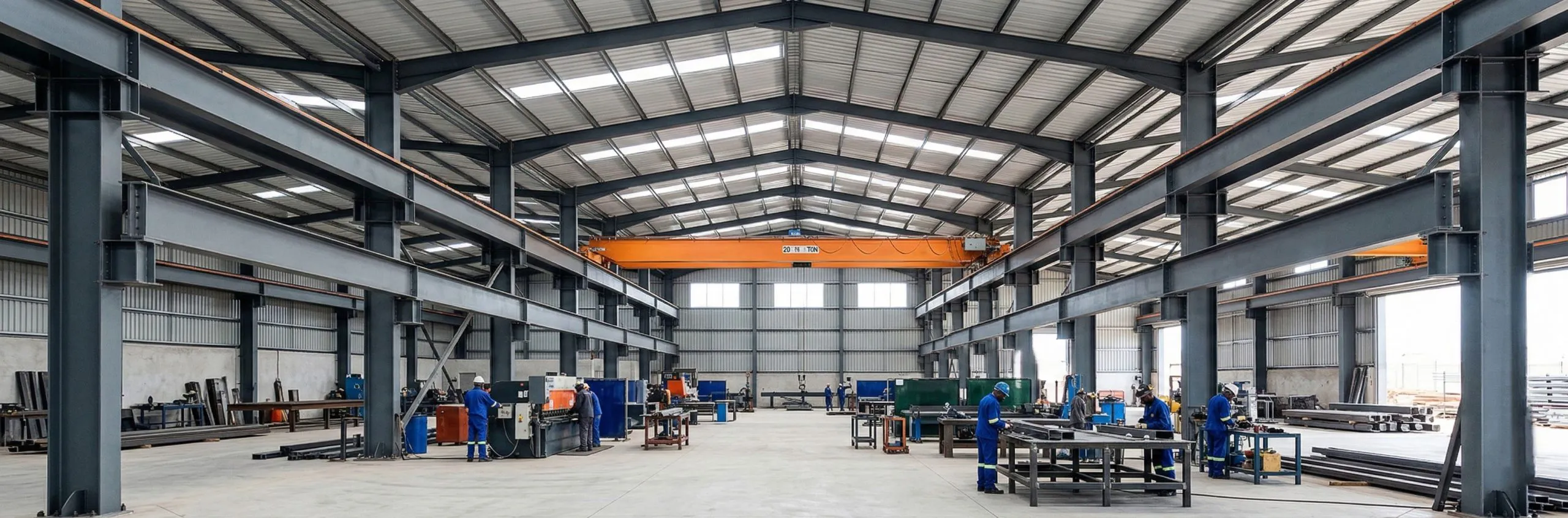 Workers fabricate steel components inside a portal-frame workshop with an overhead crane in West Africa