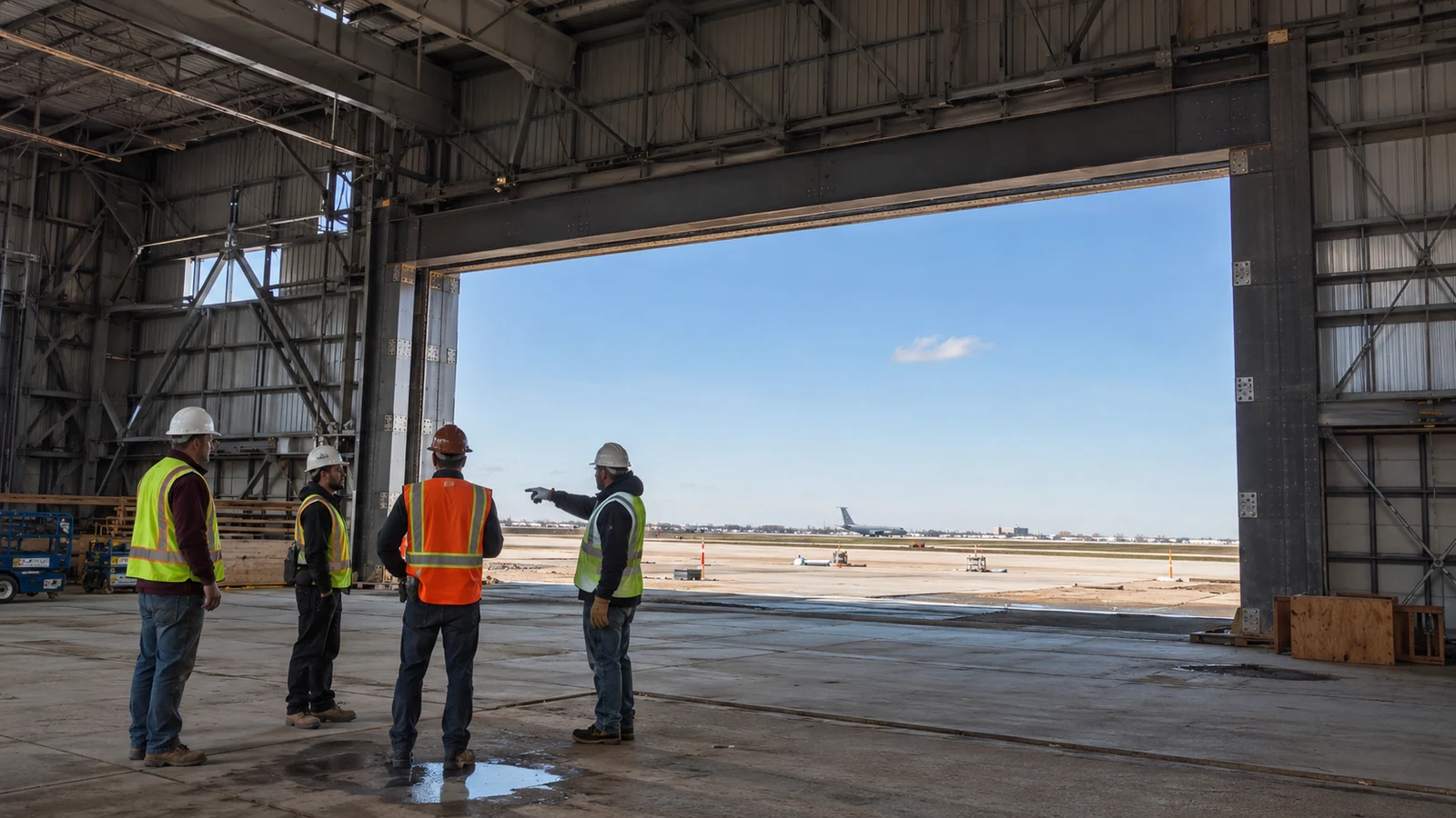 Engineers review the steel header, jambs, and clear opening of a large aircraft hangar door.