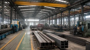 Working heavy-duty steel workshop with overhead crane, production machines, steel stock, and clear operating aisles.