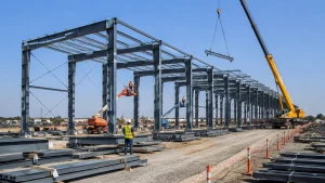 Crane, lifts, stabilized frames, and organized steel laydown supporting controlled industrial steel erection.