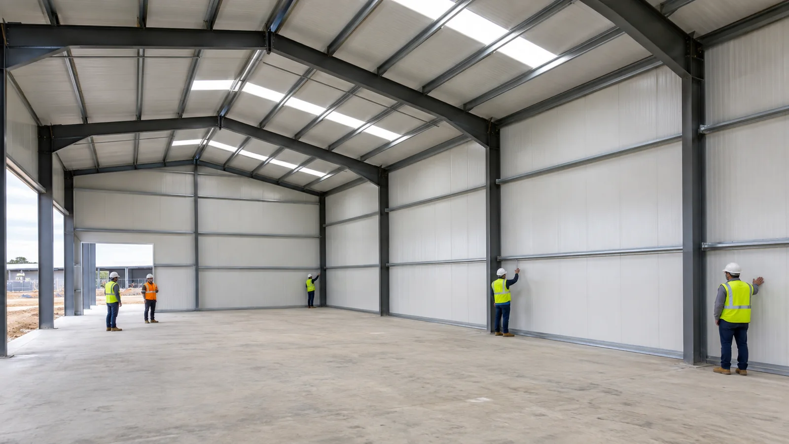 Workers inspect insulated roof and wall panels inside a steel warehouse with portal frames and a concrete floor.