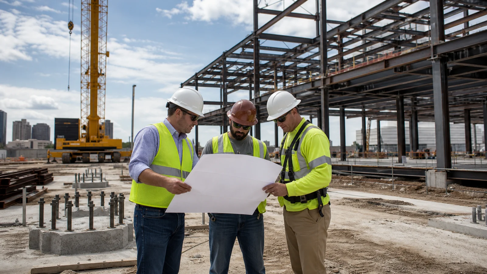 Project team reviews blank plans beside foundations and a multi-storey steel frame site.
