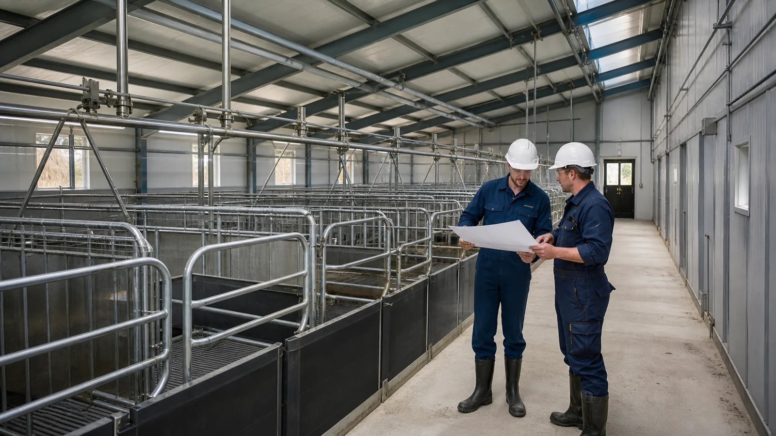 Contractors review room layout inside a steel pig farrowing building during commissioning.