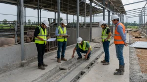 Engineers review a floor drainage channel inside a steel pig house construction site.