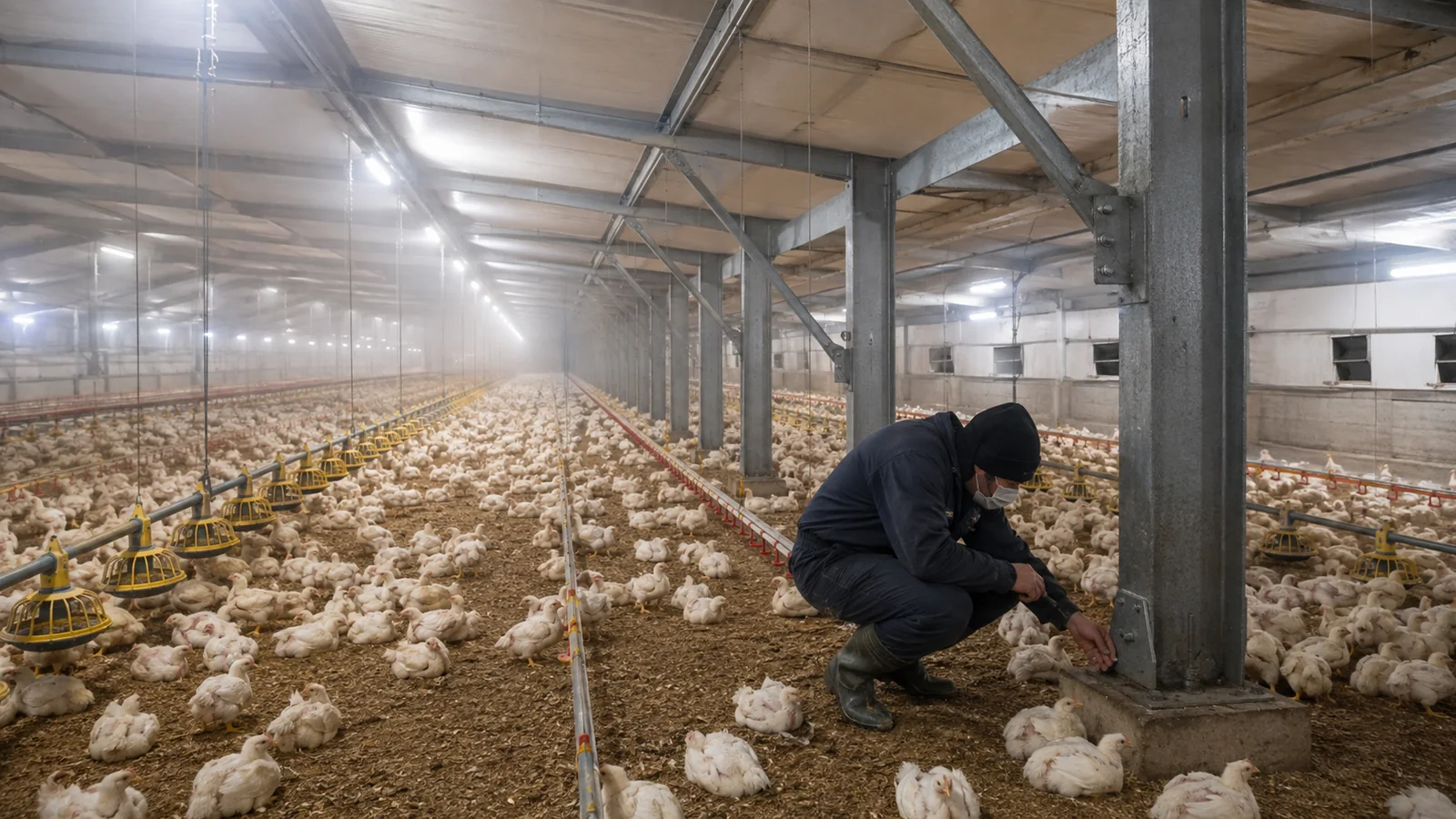 Technician inspecting a galvanized steel column inside a commercial broiler house with feeding and drinking lines.