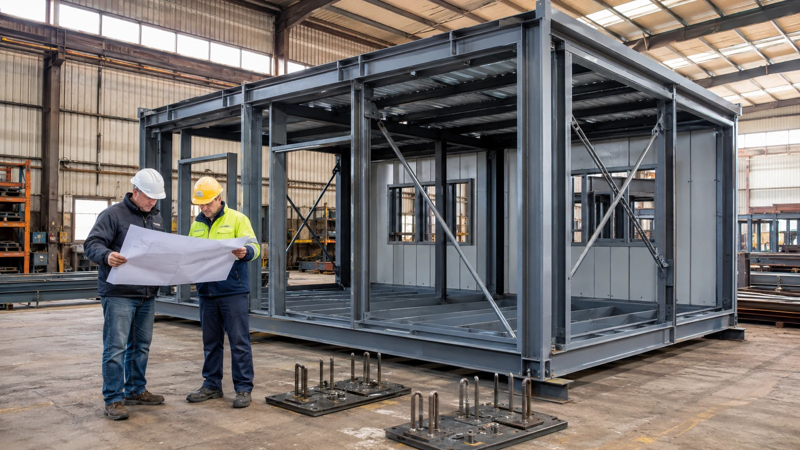 Engineer and factory supervisor review a prefabricated steel office frame and coordinated project drawings.