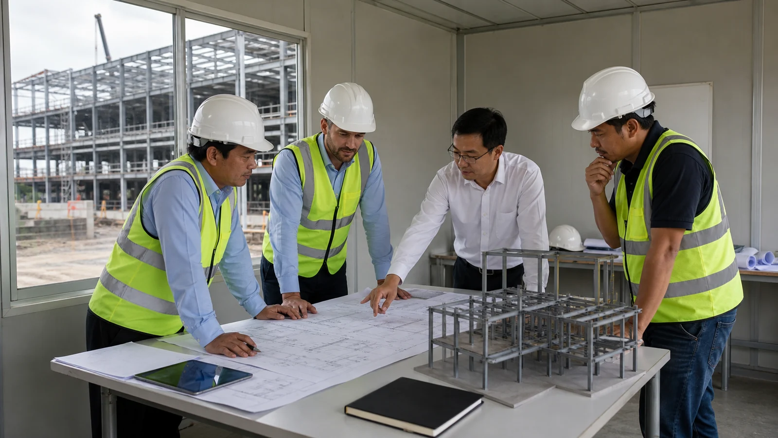Project team reviews a steel shopping mall model and plans beside the active construction site.