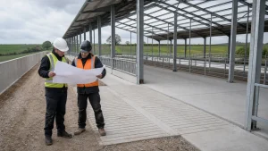 Farm contractor and surveyor review a new steel sheep shed with slatted floor zones and feed passage.