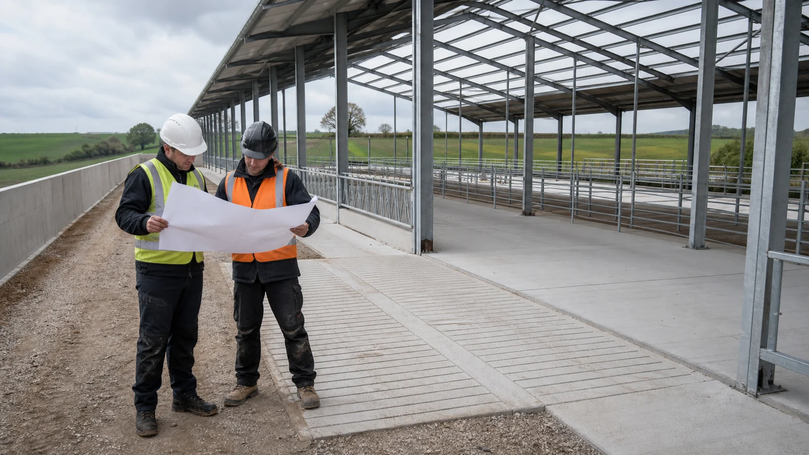 Farm contractor and surveyor review a new steel sheep shed with slatted floor zones and feed passage.