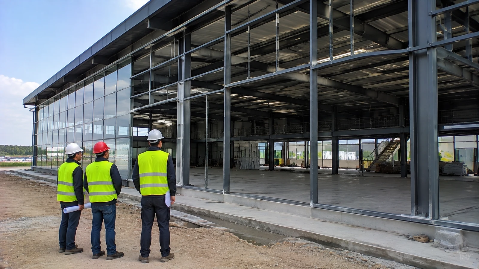 Engineers review a partially glazed steel showroom facade during construction.