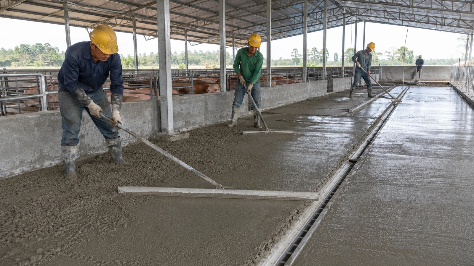 Workers finish concrete floor falls beside a drainage channel in a steel pig house.