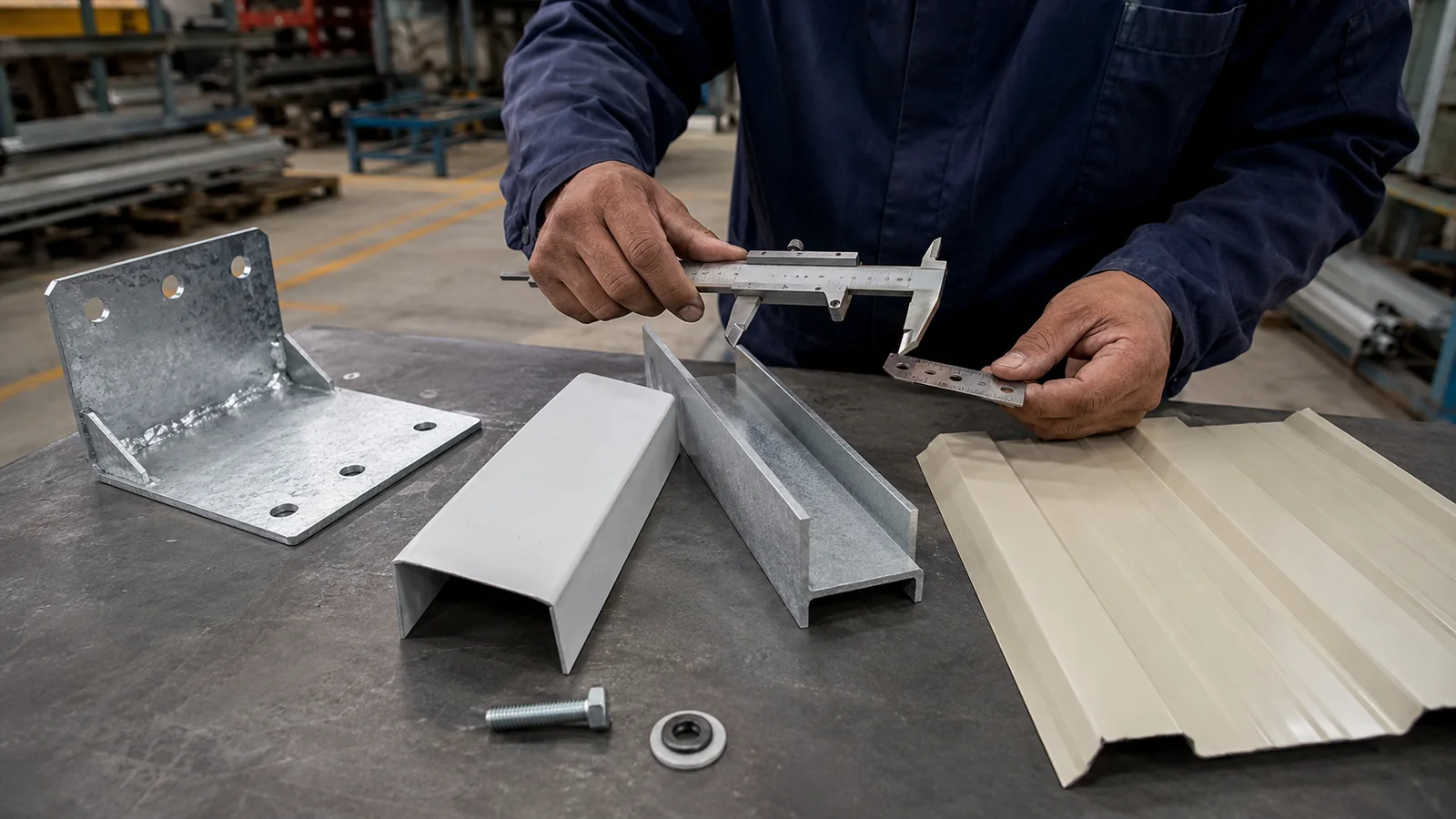 Factory inspector measuring galvanized brackets, purlins, cladding, bolts, and washers for a poultry house.