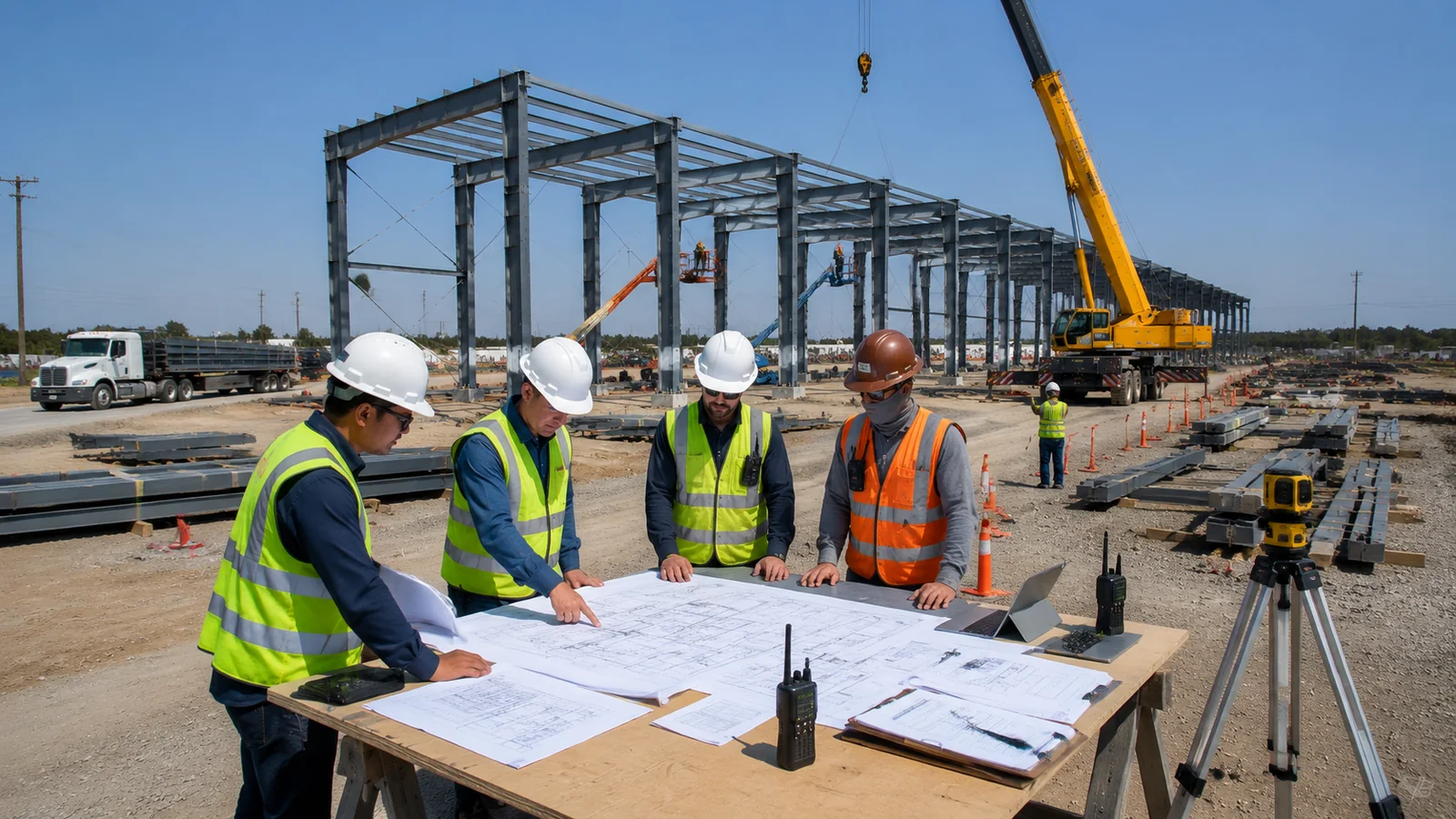 Site managers reviewing erection drawings beside an industrial steel frame, crane, and organized laydown area.