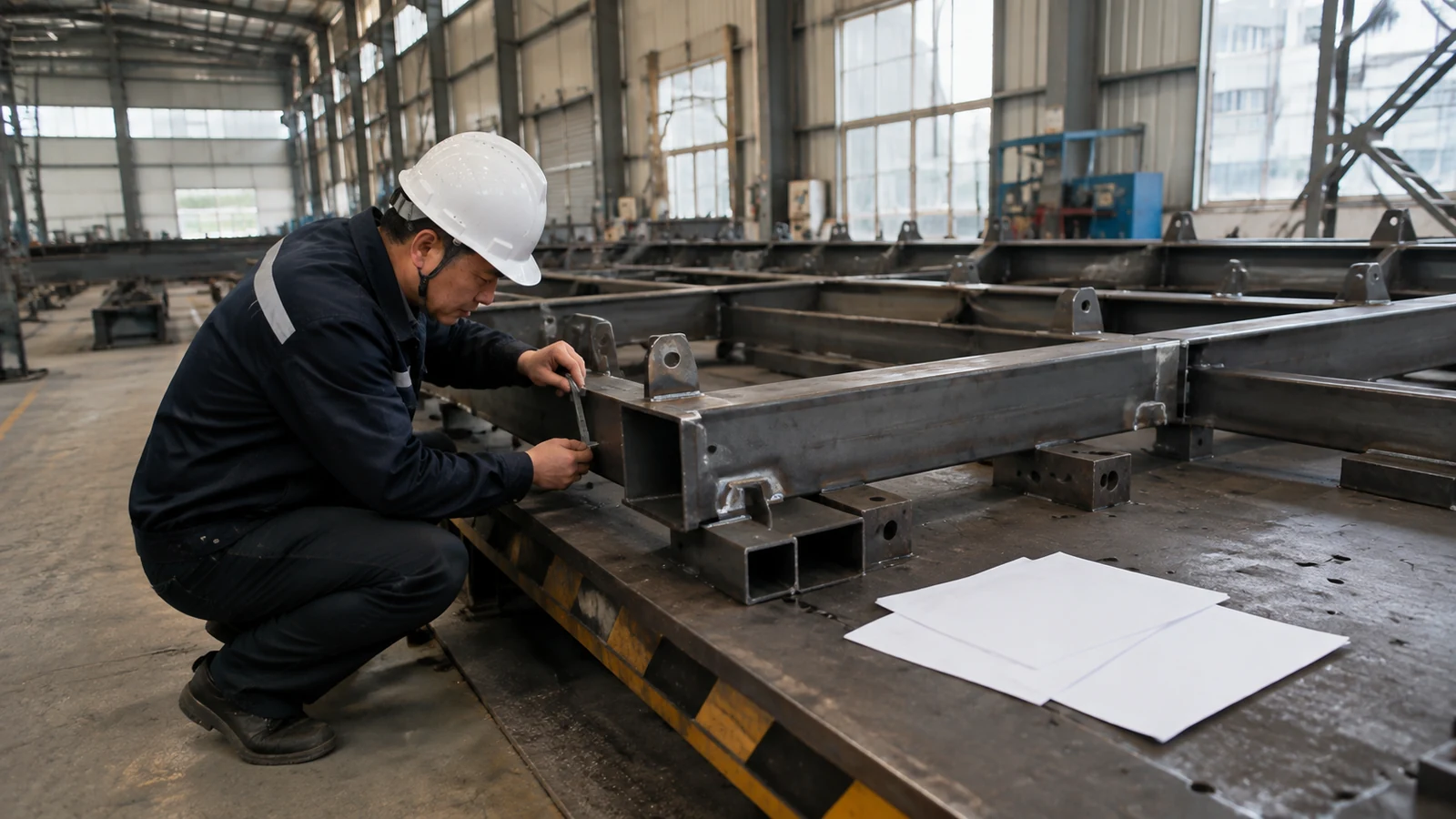 Factory inspector measures a prefabricated steel office frame assembly before enclosure work.