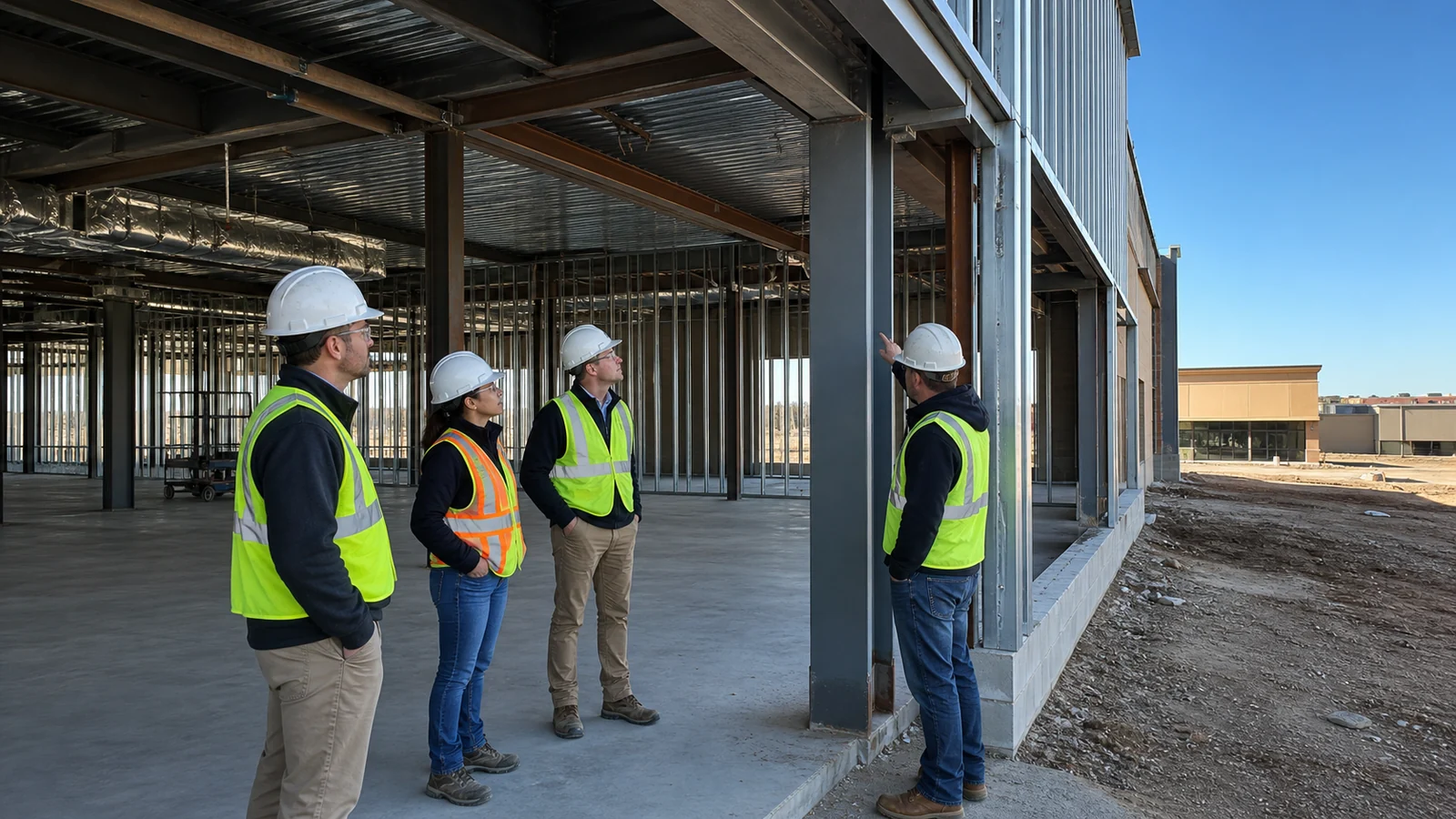 Site team inspects steel frame and facade interfaces in an unfinished shopping mall shell.