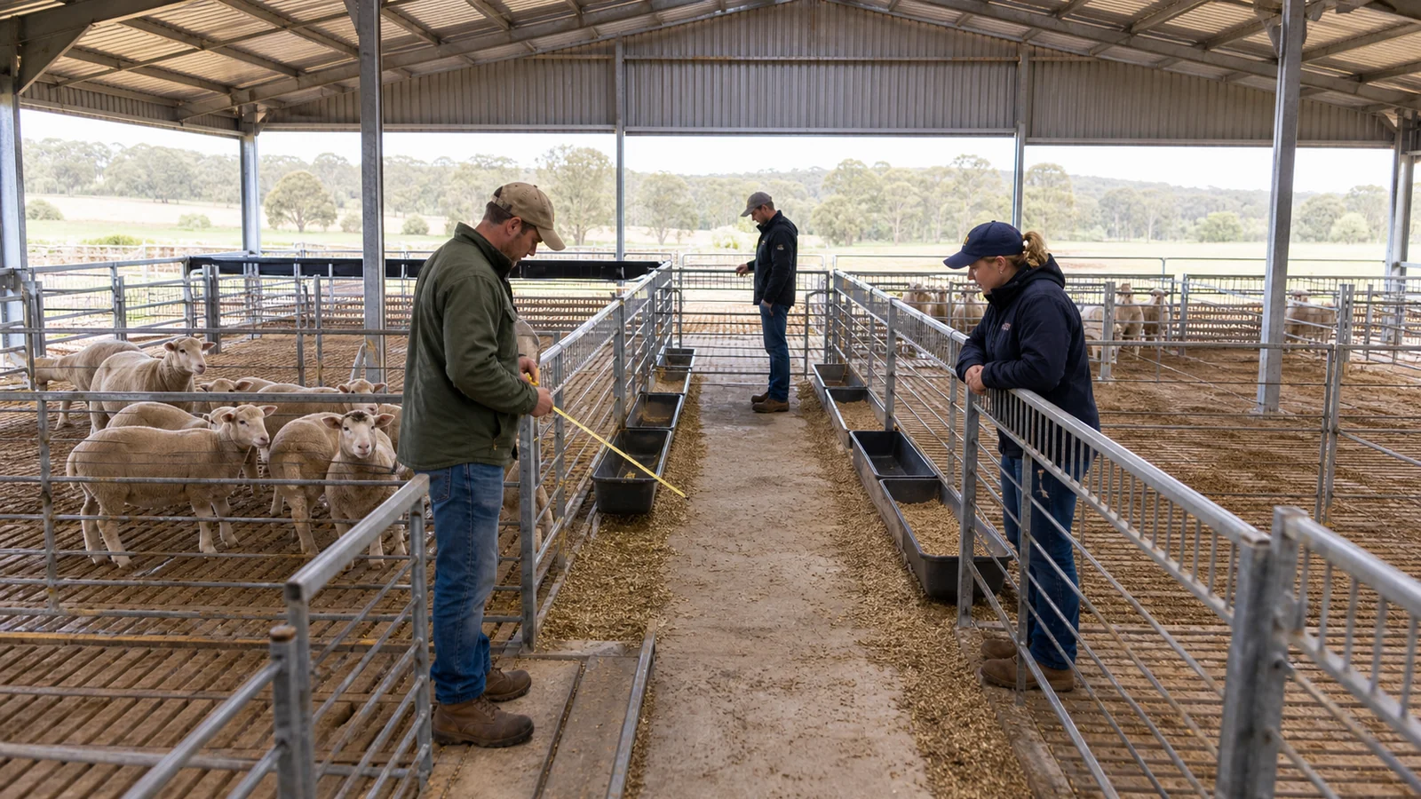 Workers measure pens, feed troughs, gates and circulation inside a commercial steel sheep shed.