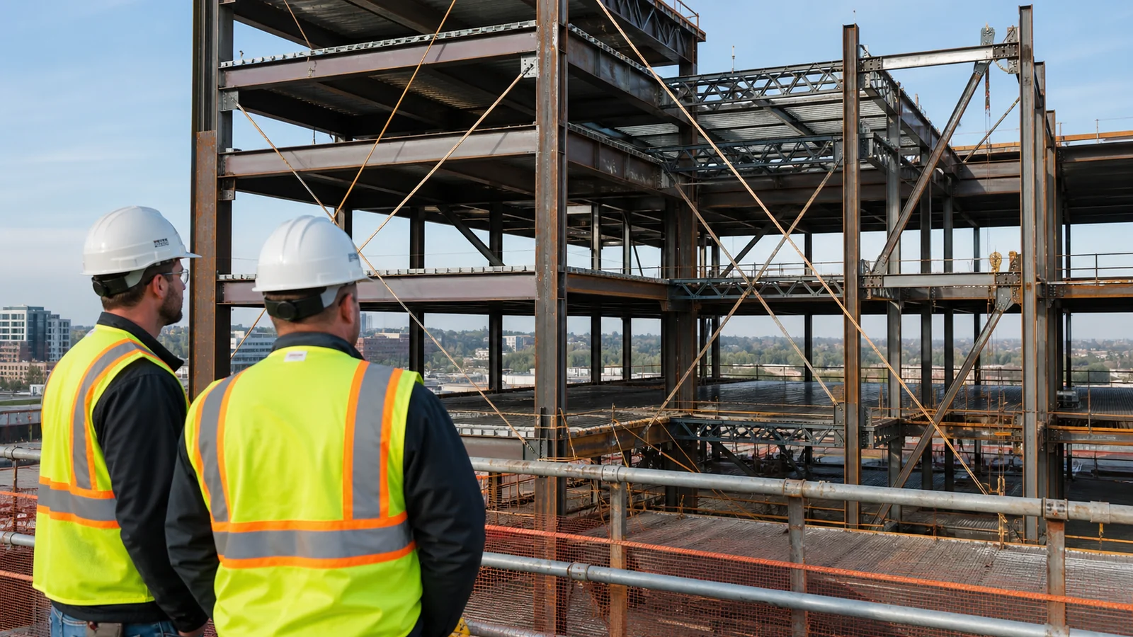 Temporary diagonal bracing stabilizes an incomplete multi-storey steel frame during erection.