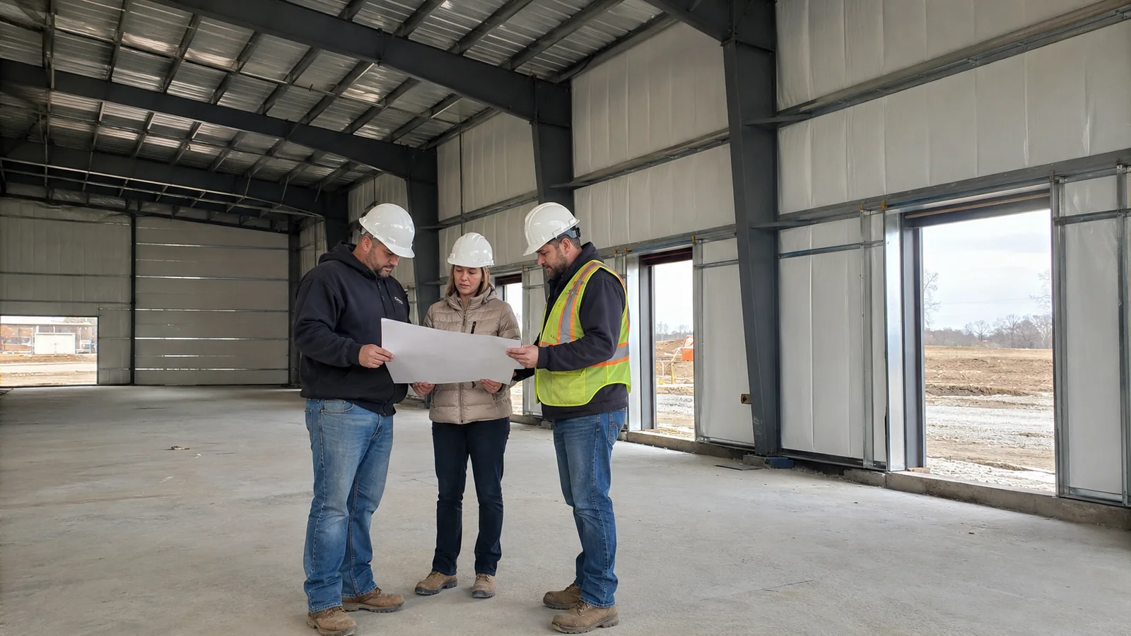 Project team reviews envelope drawings inside an insulated steel warehouse during construction.