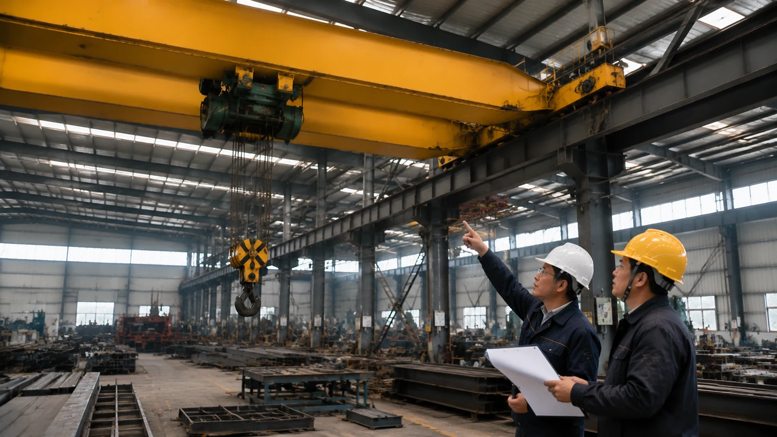 Crane engineer and workshop owner inspect an overhead bridge crane, runway, hook, and operating clearances.