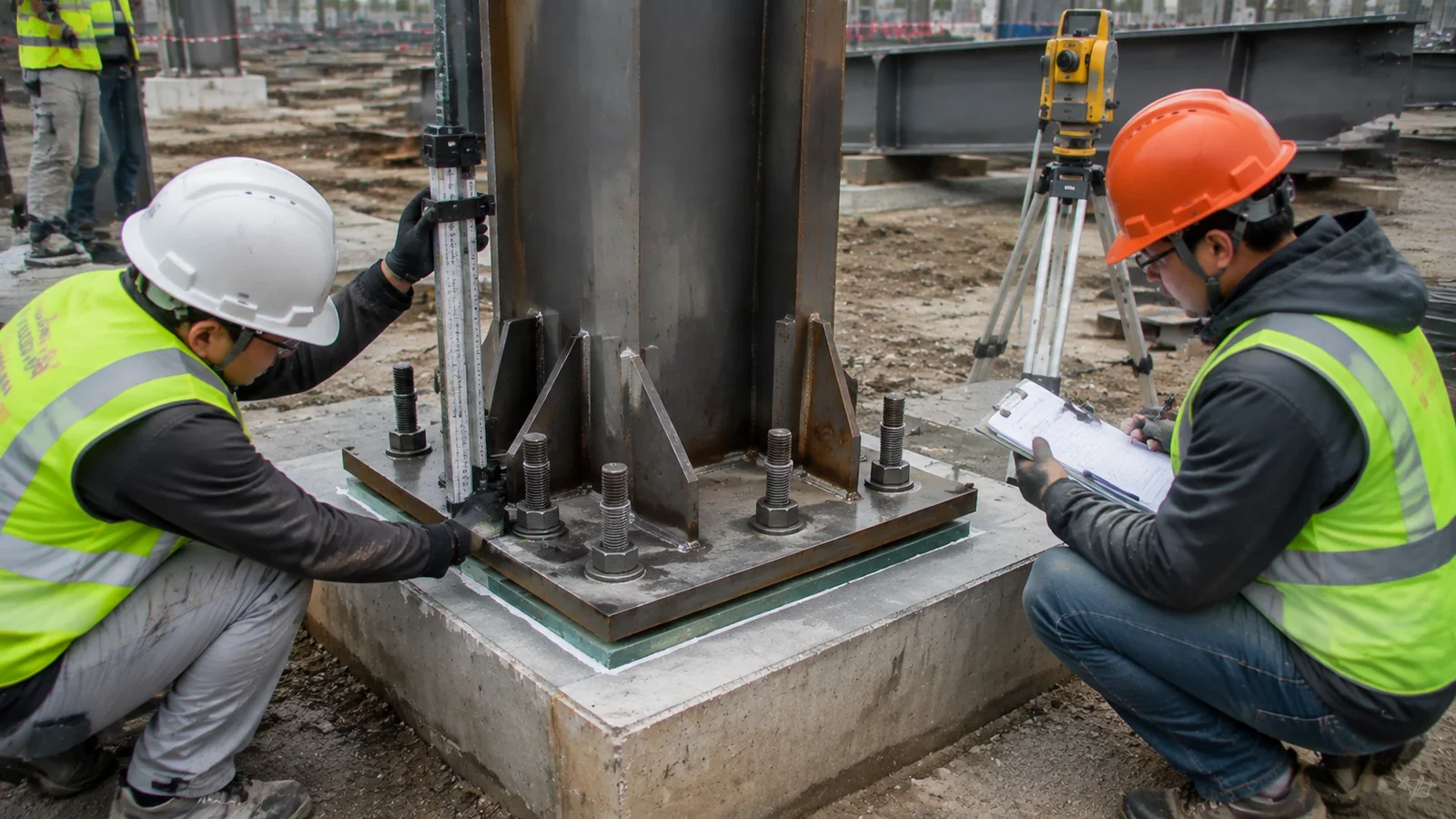 Surveyors checking anchor rods, base plate position, and elevation at an industrial steel column foundation.