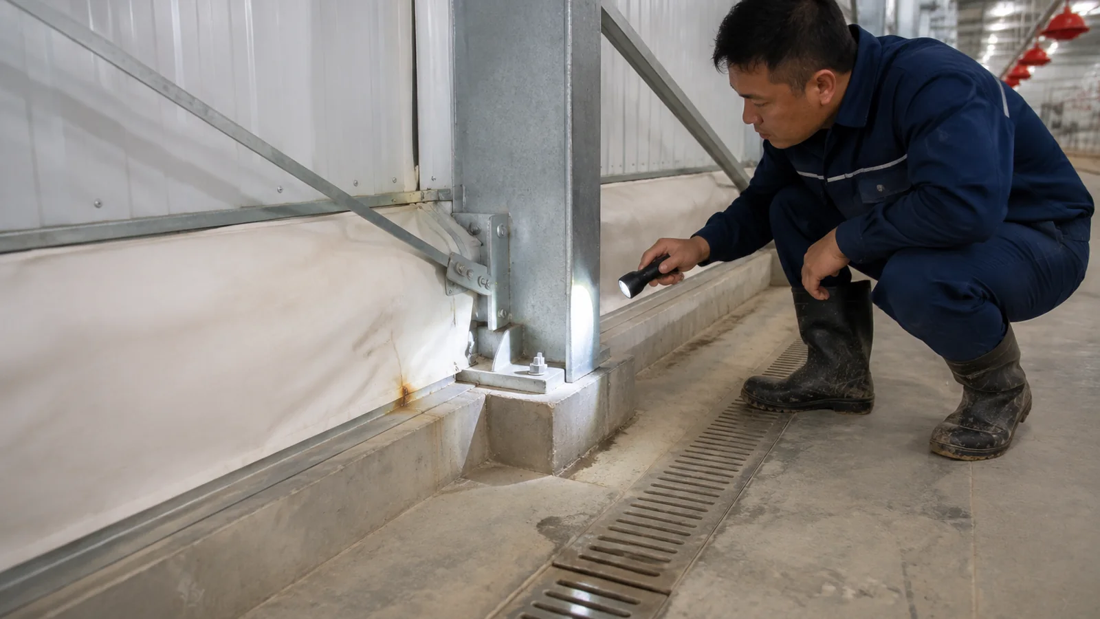 Technician inspecting a galvanized column base, lower wall liner, concrete curb, and floor drain in a chicken house.