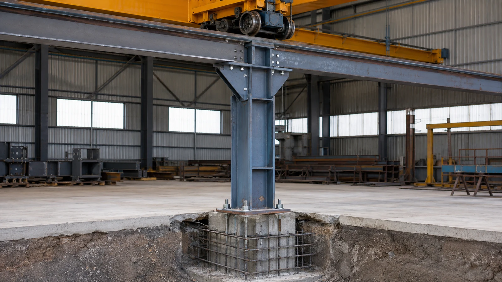 Crane wheels, runway beam, steel column, base plate, anchors, and concrete footing show the structural load path.
