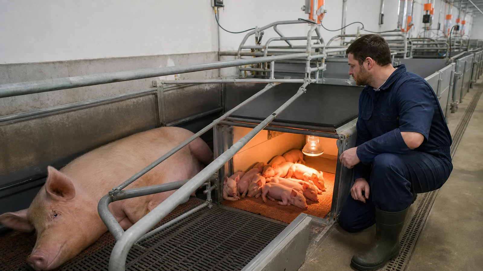 Sow rests beside piglets in a protected heated creep zone within a commercial farrowing room.