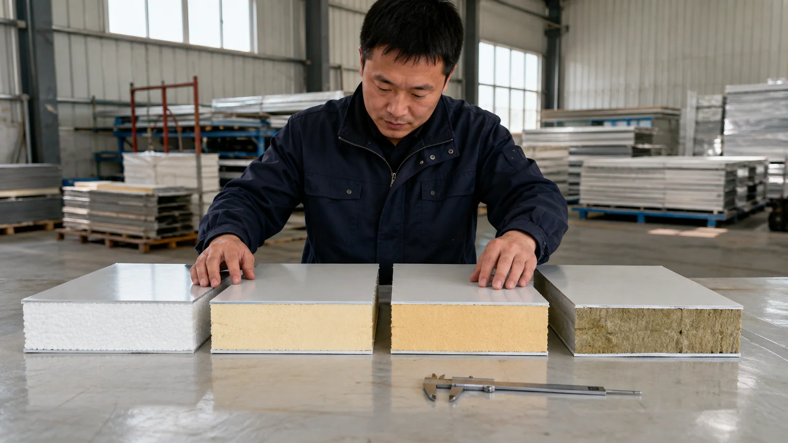 Inspector compares four insulated metal panel core samples in a steel-building component factory.