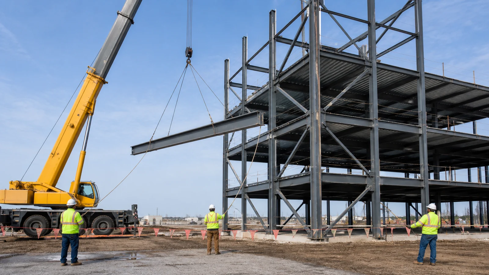 Unbranded crane lifts a beam toward a braced multi-storey frame while ground crew work safely.