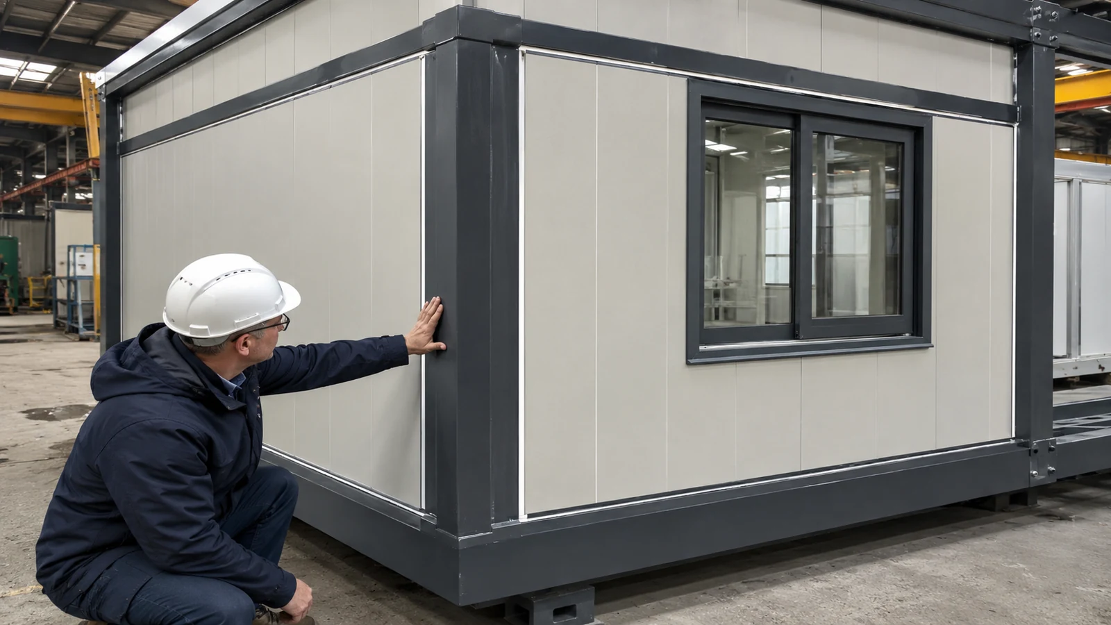 Inspector checks wall panels, a window opening, and steel-frame interfaces on a prefabricated office module.