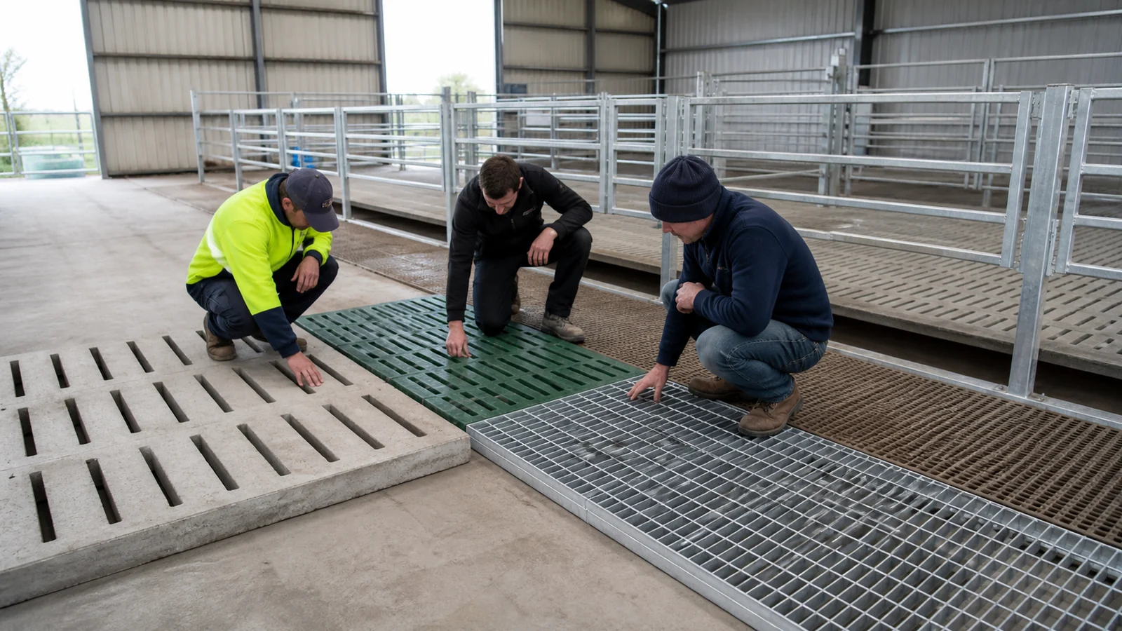 Inspectors compare concrete, plastic and metal mesh slat sections inside a commercial sheep shed.