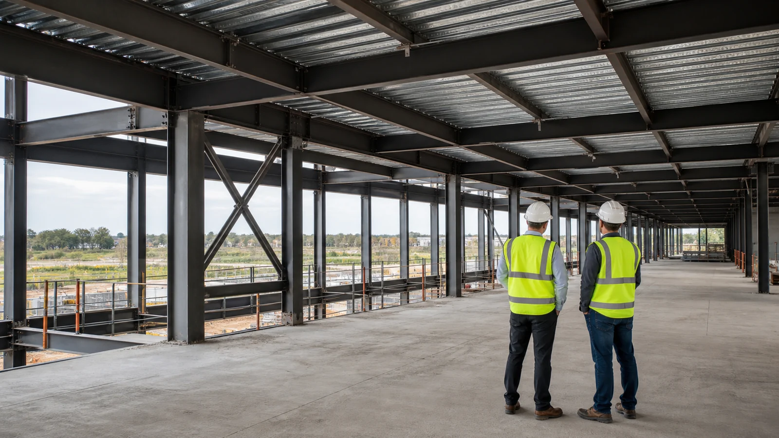 Engineers assess open retail bays within a multi-storey shopping mall steel frame.