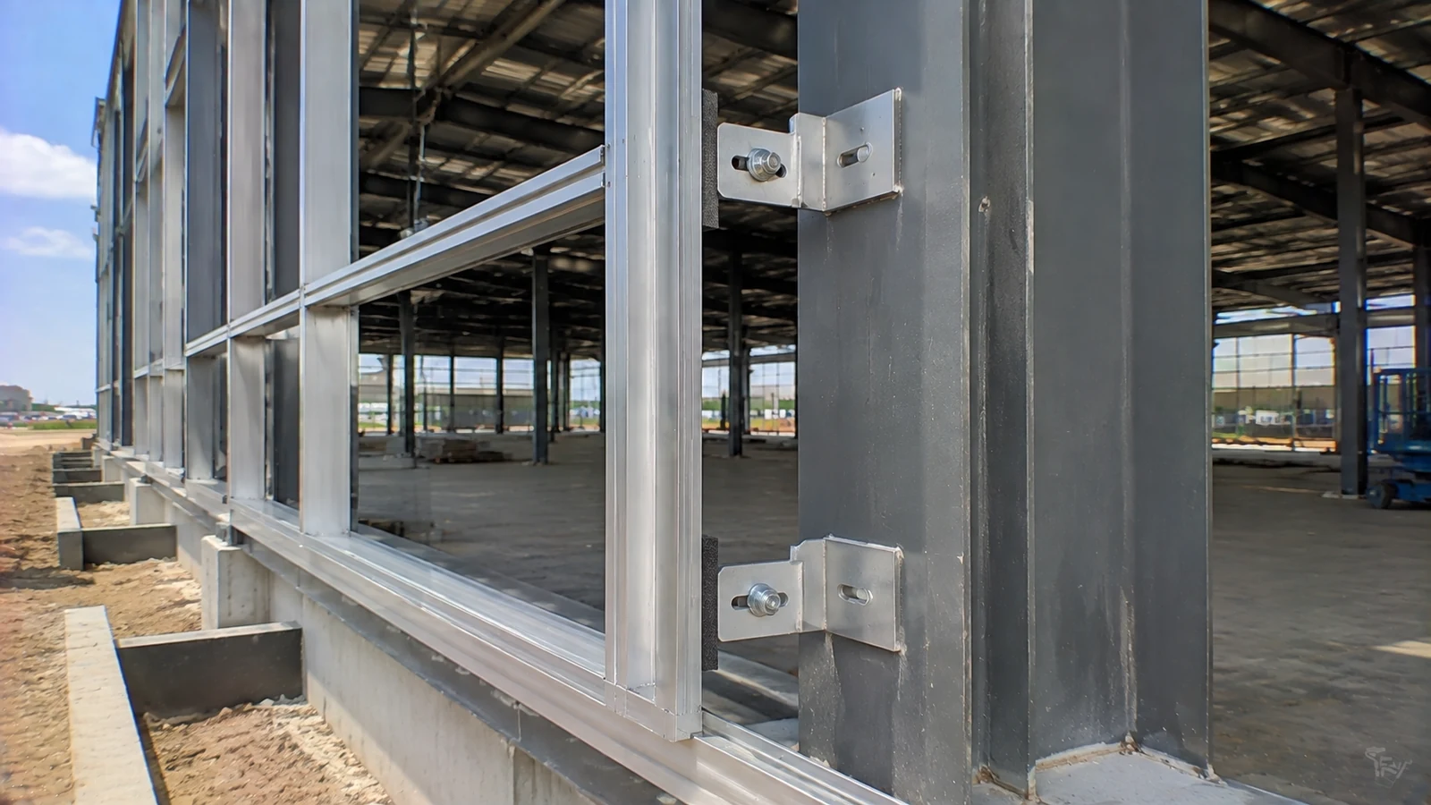 An adjustable aluminum facade bracket connects a mullion to the steel showroom frame.