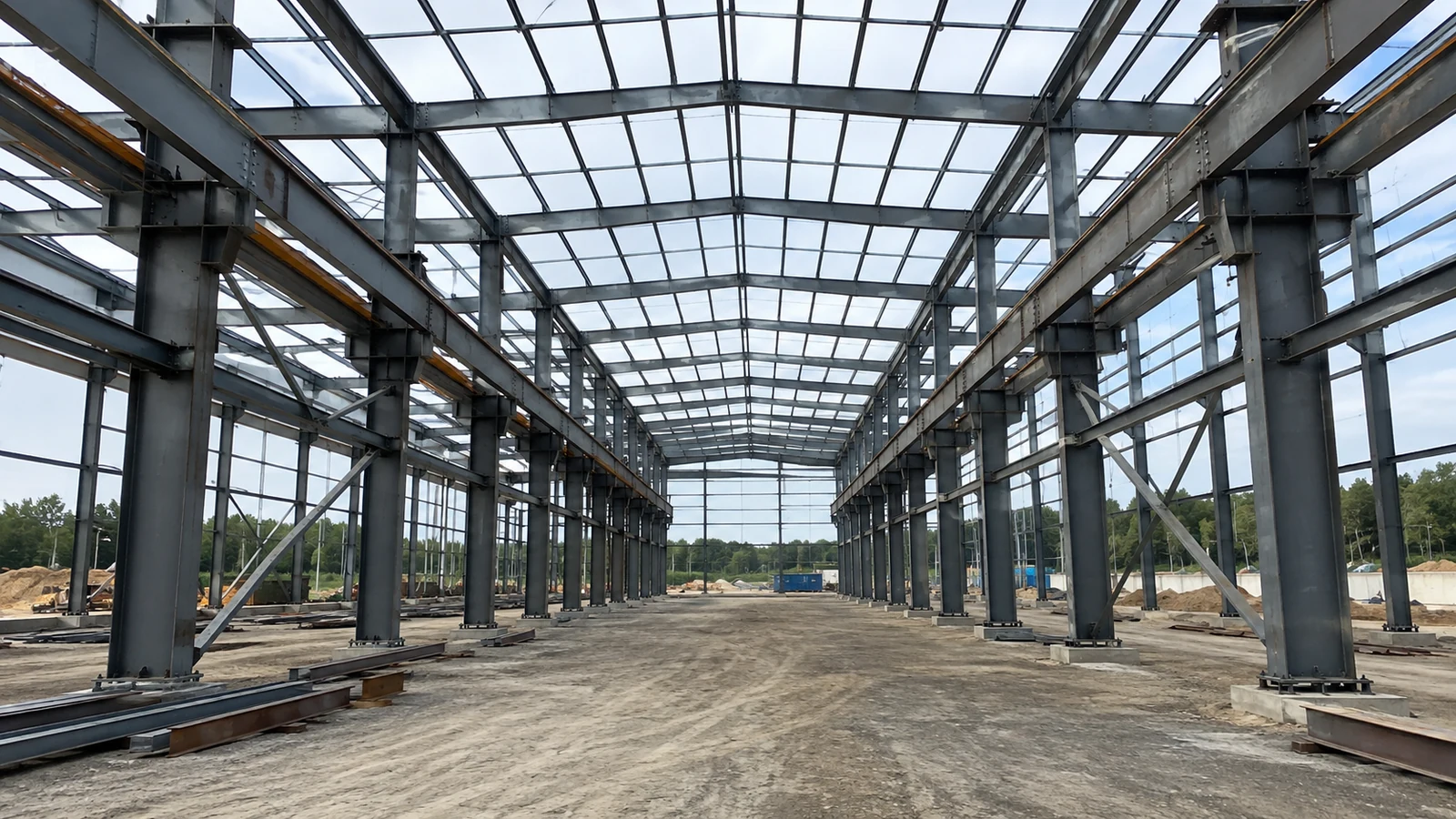 Heavy steel workshop frame under construction with crane columns, runway beams, roof framing, and bracing.