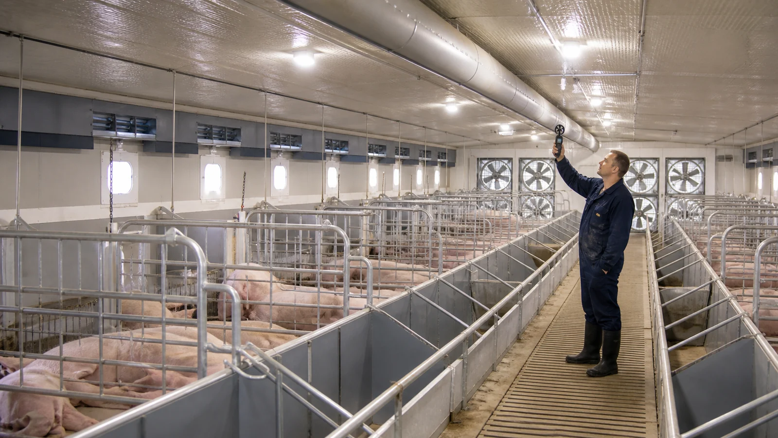 Technician checks air distribution in an insulated farrowing room with ducts and exhaust fans.