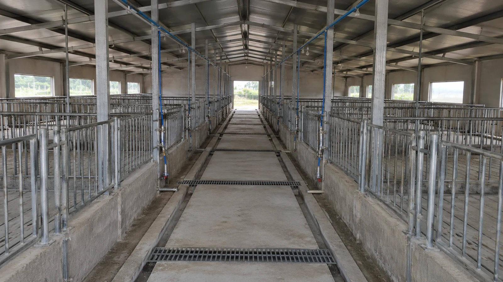 Pig pens and a service alley with coordinated floor drains inside a steel livestock building.