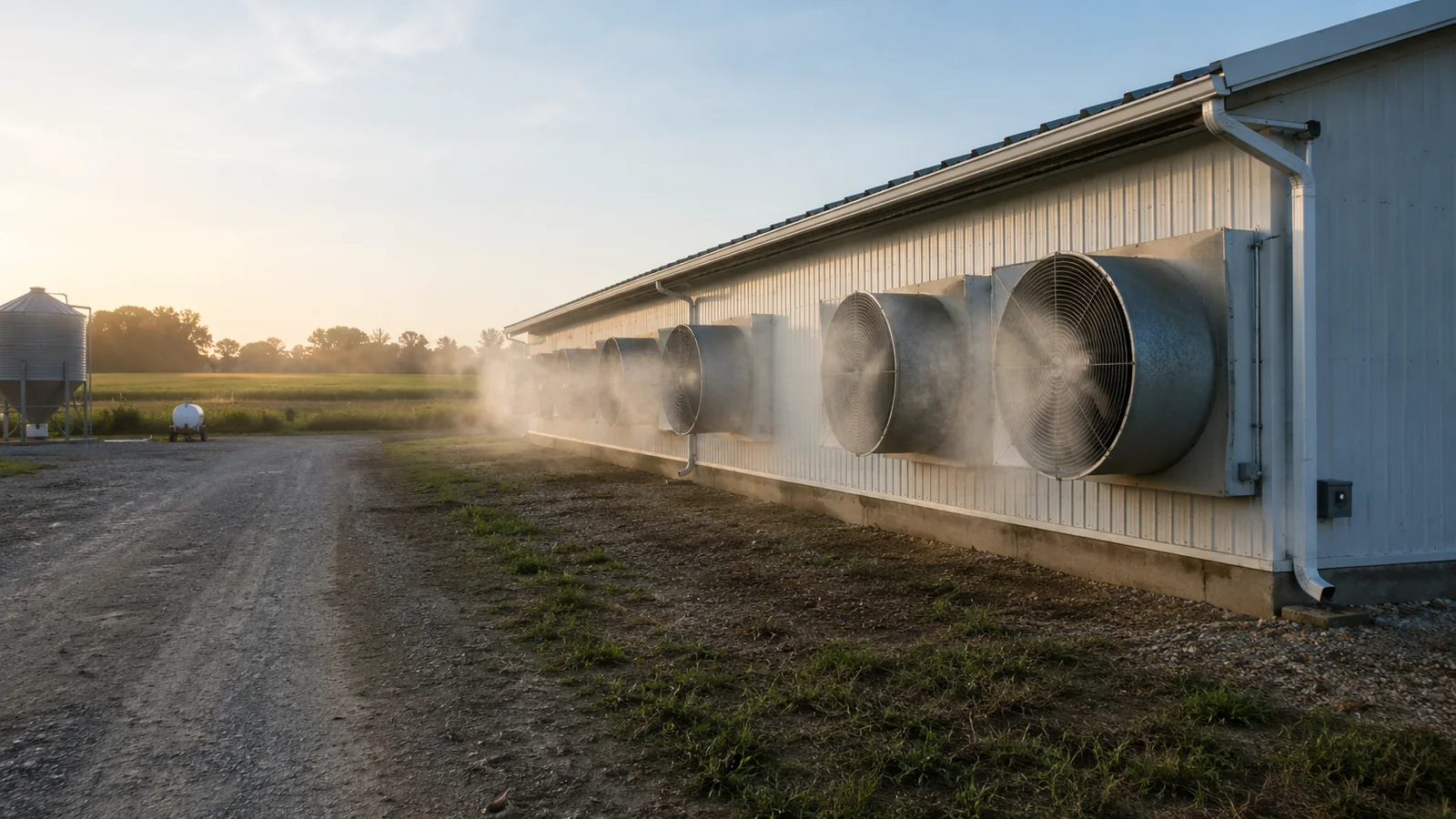 Exterior exhaust fans releasing humid air from a steel poultry house during early morning farm operation.