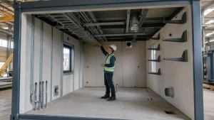 Coordinator checks service openings, supports, and utility routes inside a prefabricated office module.