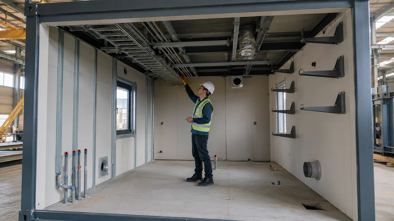 Coordinator checks service openings, supports, and utility routes inside a prefabricated office module.