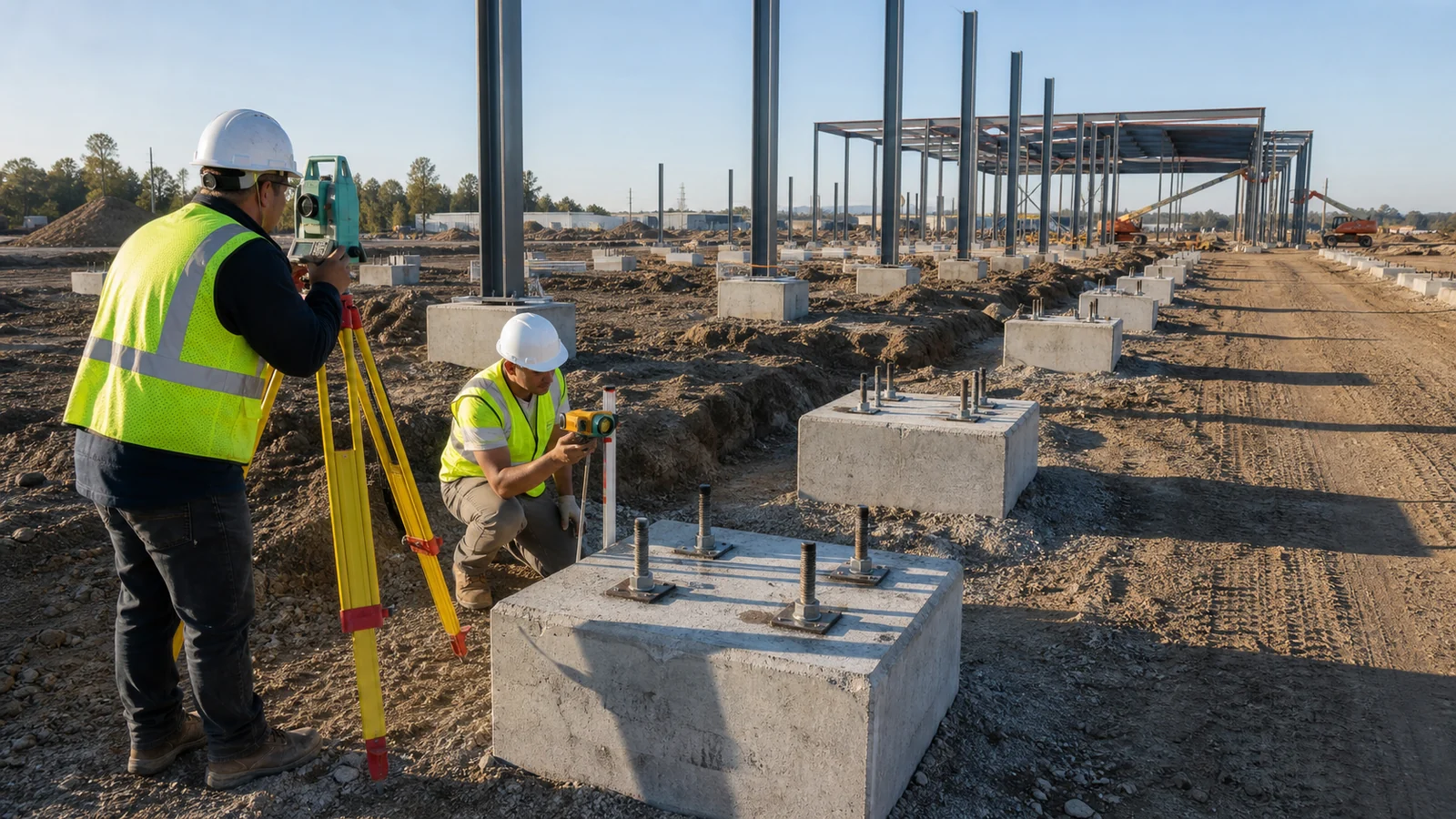 Surveyors check anchor bolts and concrete pedestals before shopping mall steel erection.