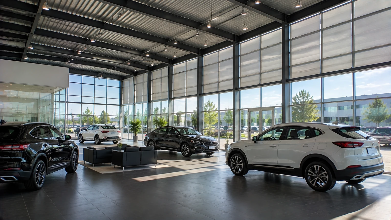 A daylit steel car showroom uses large glazing, shading, and display lighting.