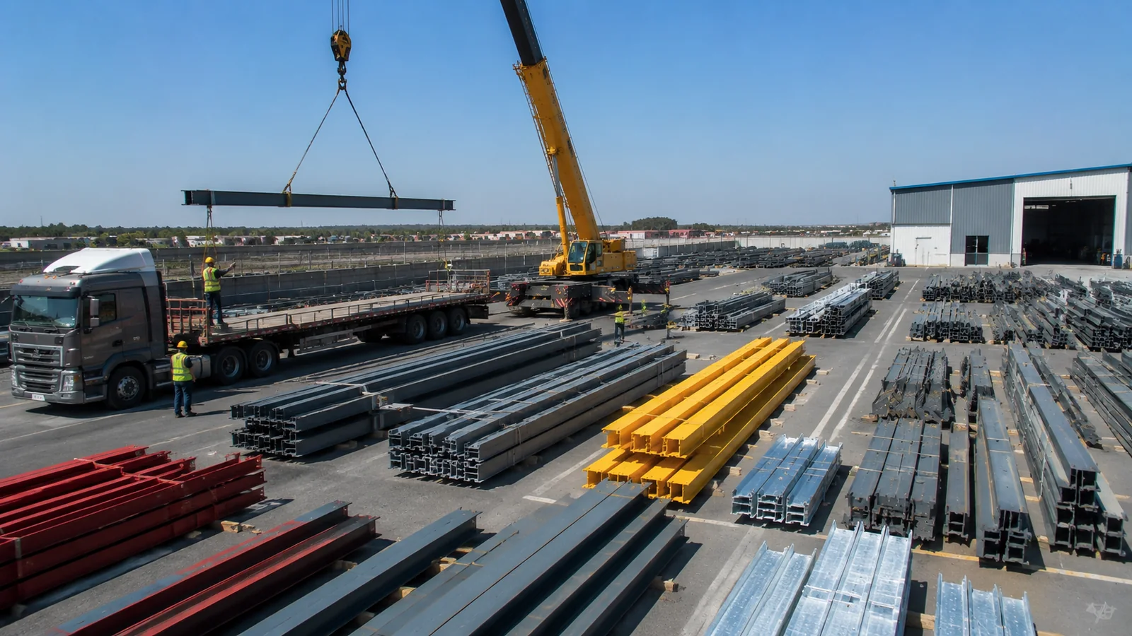 Crane unloading structural steel into a sequenced laydown area beside an industrial building workshop.