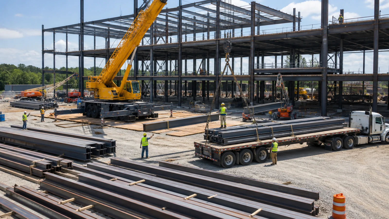 Crane, delivery trailer and dunnaged steel are organized at a multi-storey construction site.