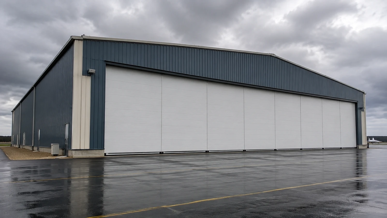 Closed insulated hangar door panels protect a steel aircraft hangar during wet weather.
