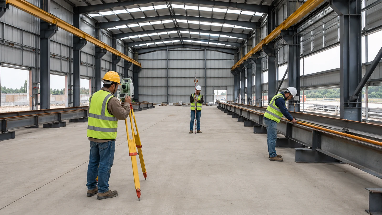 Survey crew checks the level, spacing, and straightness of twin crane runway rails inside a steel workshop.