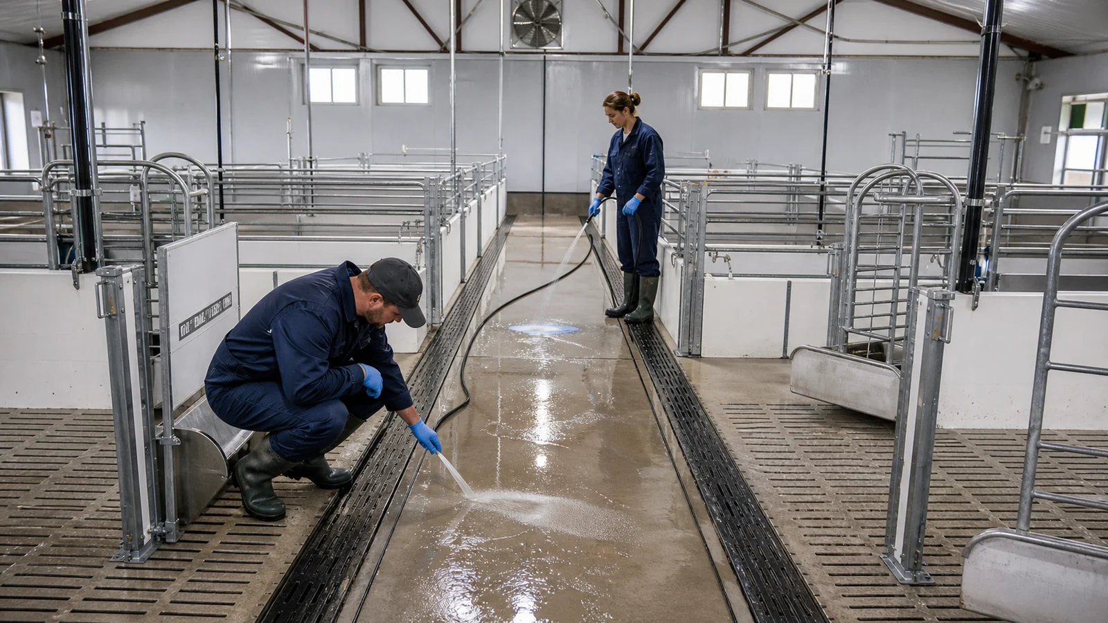 Workers conduct a drainage test across solid and slatted floor zones in an empty farrowing room.